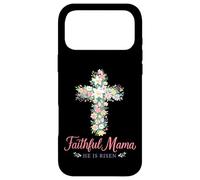 Custodia per iPhone 17 Pro Max Christian - Croce floreale pasquale con scritta "Faithful Mama He Is Risen"