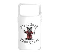Custodia per iPhone 17 Pro Max First Bark Then Chaos Cane Caffè Spada Humor