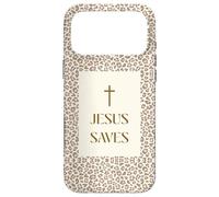 Custodia per iPhone 17 Pro Max Gesù salva l'estetica della croce di fede cristiana con stampa leopardata