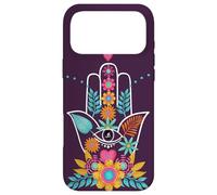 Custodia per iPhone 17 Pro Max Hamsa mano di Fatima con fiori viola OM segno spirituale