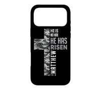 Custodia per iPhone 17 Pro Max He Has Risen Matteo 28:6 Cristiano Pasqua Camo Croce Fede