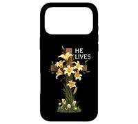 Custodia per iPhone 17 Pro Max Lui vive croce con gigli pasquali Gesù Cristo cristiano
