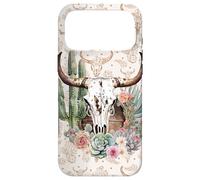 Custodia per iPhone 17 Pro Max Modello Western Boho Chic Longhorn con teschio di toro e cactus beige