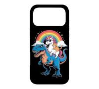Custodia per iPhone 17 Pro Max Rainbow Unicorn Cat Riding Dinosaur Space Kitten T-Rex Magic