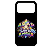 Custodia per iPhone 17 Pro Max Rosario cristiano con croce arcobaleno e scritta "Always Say A Prayer