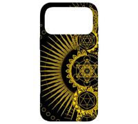 Custodia per iPhone 17 Pro Max Simboli di geometria sacra Hippie Psychedelic Gold Merkabah
