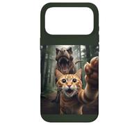Custodia per iPhone 17 Pro Max Tabby Cat Selfie Escape from Dinosaur Funny for Teens Adults