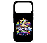 Custodia per iPhone 17 Pro Rosario cristiano con croce arcobaleno e scritta "Always Say A Prayer