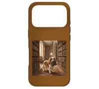 Custodia per iPhone 17 Pro Scena di lettura del libro del cane della biblioteca di Cavalier Spaniel