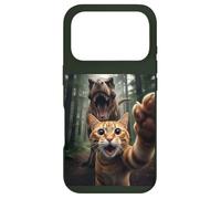 Custodia per iPhone 17 Pro Tabby Cat Selfie Escape from Dinosaur Funny for Teens Adults