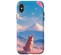Custodia per iPhone X/XS Anime Shiba Inu Sotto albero Sakura con il Monte Fuji
