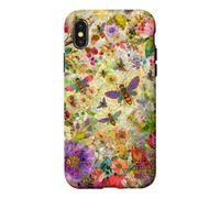 Custodia per iPhone X/XS Bees Boho Wildflowers foglie e vetro colorato floreale