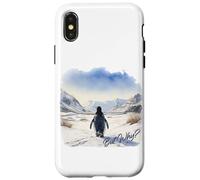 Custodia per iPhone X/XS BUT WHY? Penguin Wandering Off Mountains Watercolor (White)