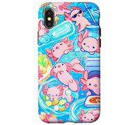 Custodia per iPhone X/XS Carino Rosa Axolotl Kawaii Axolotls Pizza E Sushi Su Blu
