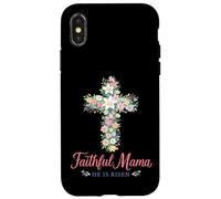 Custodia per iPhone X/XS Christian - Croce floreale pasquale con scritta "Faithful Mama He Is Risen"
