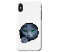Custodia per iPhone X/XS Colpisce il gatto blu russo con gli occhi verdi che sbirciano attraverso