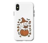 Custodia per iPhone X/XS Cozy Fall Ghost Reading on Pumpkin Retro Halloween Vibes