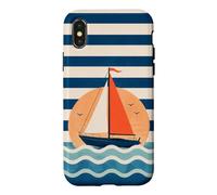 Custodia per iPhone X/XS Design a strisce nautiche in barca a vela verso il tramonto