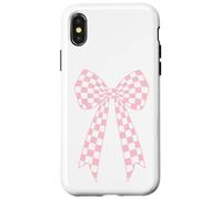 Custodia per iPhone X/XS Fiocco carino rosa chiaro bianco a scacchi Coquette nastro