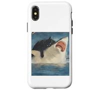 Custodia per iPhone X/XS Funny Ocean Adventure Cat Biting a Shark Vintage