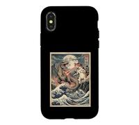 Custodia per iPhone X/XS Gatto vs T-Rex giapponese Ukiyo-e Kaiju Monster Art