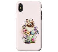 Custodia per iPhone X/XS Happy Easter Cat Easter Tea Cup Coffee Cat Siamese Floral