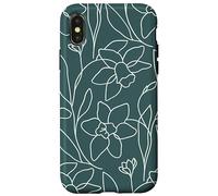 Custodia per iPhone X/XS Modern Line Art Poppy Flower Leaves Boho Dark Green