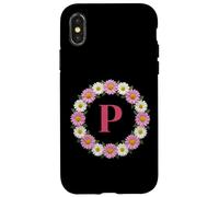 Custodia per iPhone X/XS Monogramma della corona di fiori margherita rosa e bianca lettera P