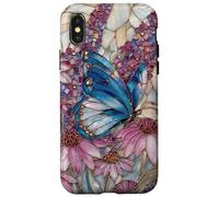 Custodia per iPhone X/XS Stained Glass Inspired Butterflies Purple and Blue Floral Ar