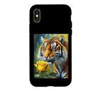 Custodia per iPhone X/XS Tiger Sniffing a Yellow Rose Illustration Graphic Design