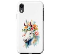 Custodia per iPhone XR Acquarello etereo Unicorno Floreale Testa Fantasy Art