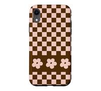 Custodia per iPhone XR Aesthetic Checker Retro Groovy Flowers in Beige and Brown