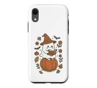 Custodia per iPhone XR Cozy Fall Ghost Reading on Pumpkin Retro Halloween Vibes
