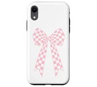 Custodia per iPhone XR Fiocco carino rosa chiaro bianco a scacchi Coquette nastro