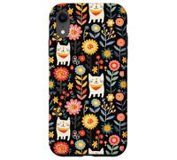 Custodia per iPhone XR Folk Cat Art Floral Midnight Boho Nero Pattern