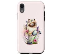 Custodia per iPhone XR Happy Easter Cat Easter Tea Cup Coffee Cat Siamese Floral