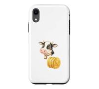 Custodia per iPhone XR Illustrazione Mucca Carina con Balla di Fieno Rotonda