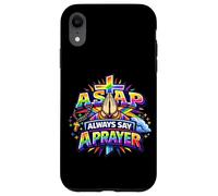 Custodia per iPhone XR Rosario cristiano con croce arcobaleno e scritta "Always Say A Prayer