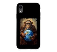 Custodia per iPhone XR Scimpanzé Holding Terra Pianeta Mondo Primate Scimmia