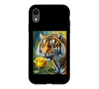 Custodia per iPhone XR Tiger Sniffing a Yellow Rose Illustration Graphic Design