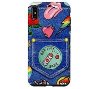 Custodia per iPhone XS Max Blue Denim Patch Pattern Bad Luck Babe 90s Design Estetico
