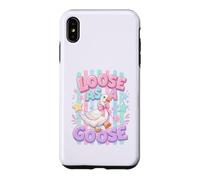 Custodia per iPhone XS Max Loose As A Goose, divertente motivo a forma di oca e uccellino pastello, a righe pastello