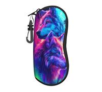 Custodia per occhiali da sole portatile con due teste di lupo al neon e luna, custodia per occhiali da sole