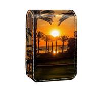 Custodia per organizer per rossetto da viaggio,borsa per trucco portatile con specchio,vista sulla terraferma dell'erba del tramonto della spiaggia