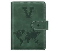 Custodia per passaporto, con lettera A-Z, portafoglio da viaggio con blocco RFID, custodia per passaporto, custodia per passaporto, porta passaporto, per donne e uomini, Colore: verde pino., V