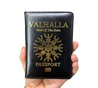 Custodia per passaporto da viaggio, custodia in pelle per vaccino con foto vichinghi, regalo da uomo per padre, marito, fidanzato, amuleto Valhalla, Nero , Vintage