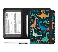 Custodia per passaporto e carte di vaccino, in pelle PU, con blocco RFID, custodia per passaporto da donna, custodia da viaggio in pelle con fascia elastica, con penna, Dinosauri colorati e palme