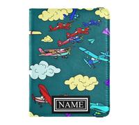 Custodia per passaporto in pelle con nome personalizzato, portafoglio sicuro nascosto per denaro e carte di credito, per uomo, accessori indispensabili, aeroplani dei cartoni animati in un cielo verde