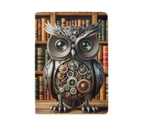 Custodia per passaporto in pelle con panda in stile cartone animato, gufo robot e libri-1