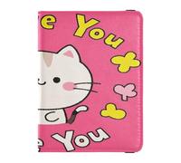 Custodia per passaporto, in pelle, con scritta "I Love Your Valentine", motivo gatto in stile cartone animato, custodia per passaporto, leggera, Amo il tuo gatto cartone animato di San Valentino, 1